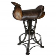 Chaise haute de bar pivotante - En bois, fer forgé et assise en cuir