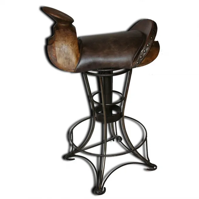 Chaise haute de bar pivotante - En bois, fer forgé et assise en cuir