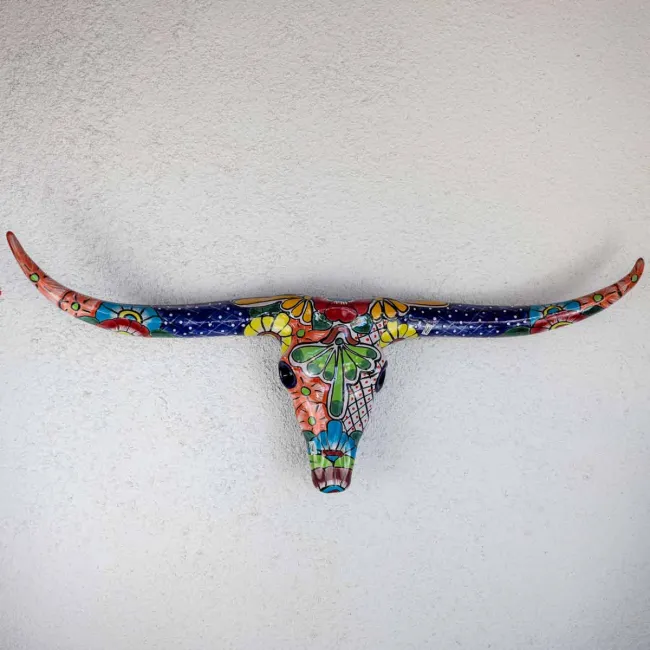 grand crane de vache aux longues cornes en céramique déco murale