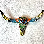 Décoration murale extérieure - Tête de vache en céramique colorée