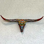 Déco murale - Crane de buffle grandes cornes en céramique colorée