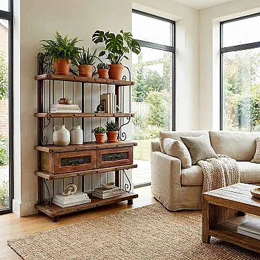 Meuble étagère en bois et fer forgé avec deux tiroirs
