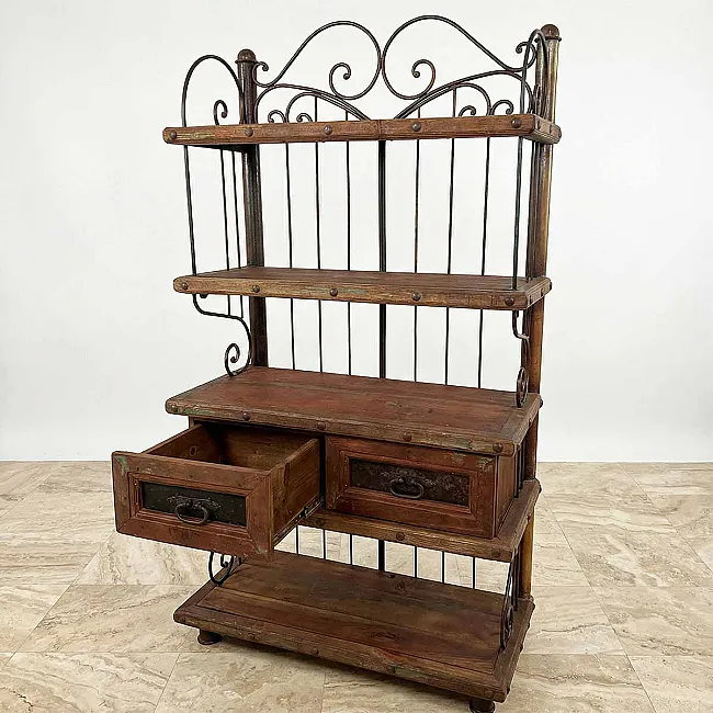 Meuble de rangement étagère en pin et fer forgé - Vaisselier, bibliothèque
