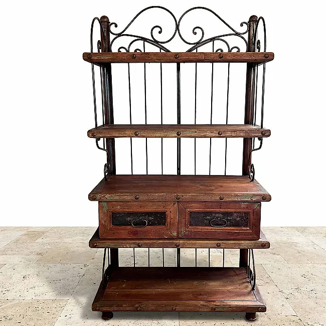 Meuble de rangement en pin et fer forgé - Vaisselier, étagère de rangement