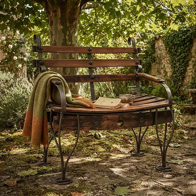 banc de jardin en bois restauré et fer forgé