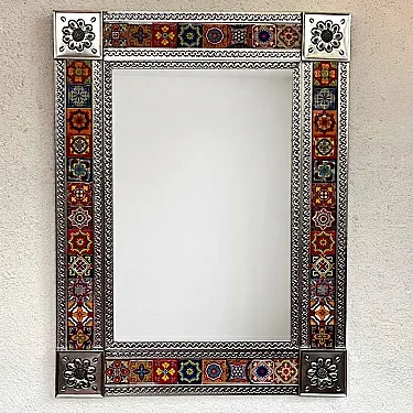 Miroir mural en métal et décoré d'azulejos - Artisanat mexicain