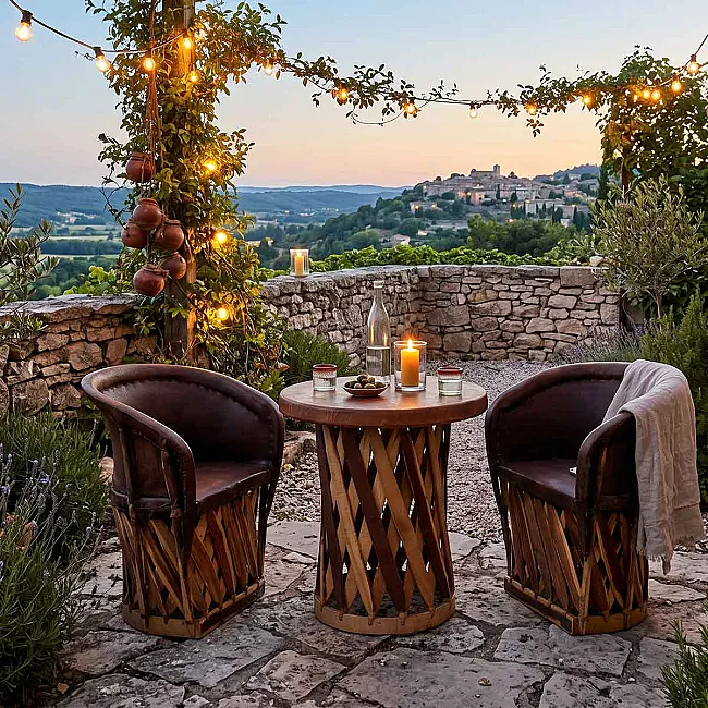 Salon Equipal - mobilier de jardin en bois et cuir