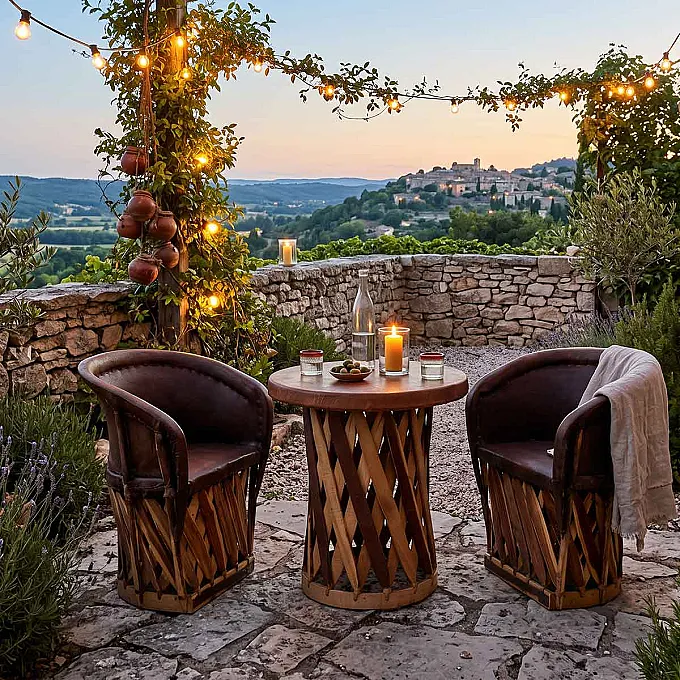 Salon Equipal - mobilier de jardin en bois et cuir