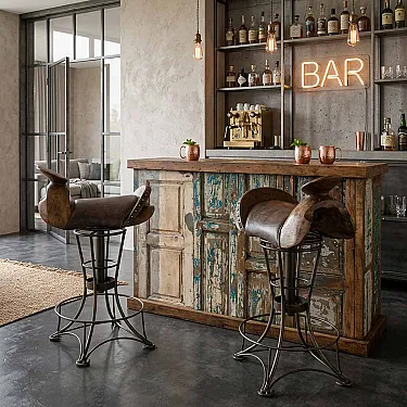 Siège haut de bar pivotant - L'assise est en cuir et bois, le pied en fer forgé